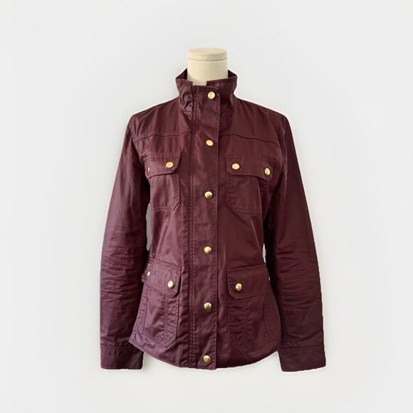 J.CREW Steampunk Coat Size S Maroon Waxy Shiny Nylon Canvas Military Army Jacket - Picture 1 of 11